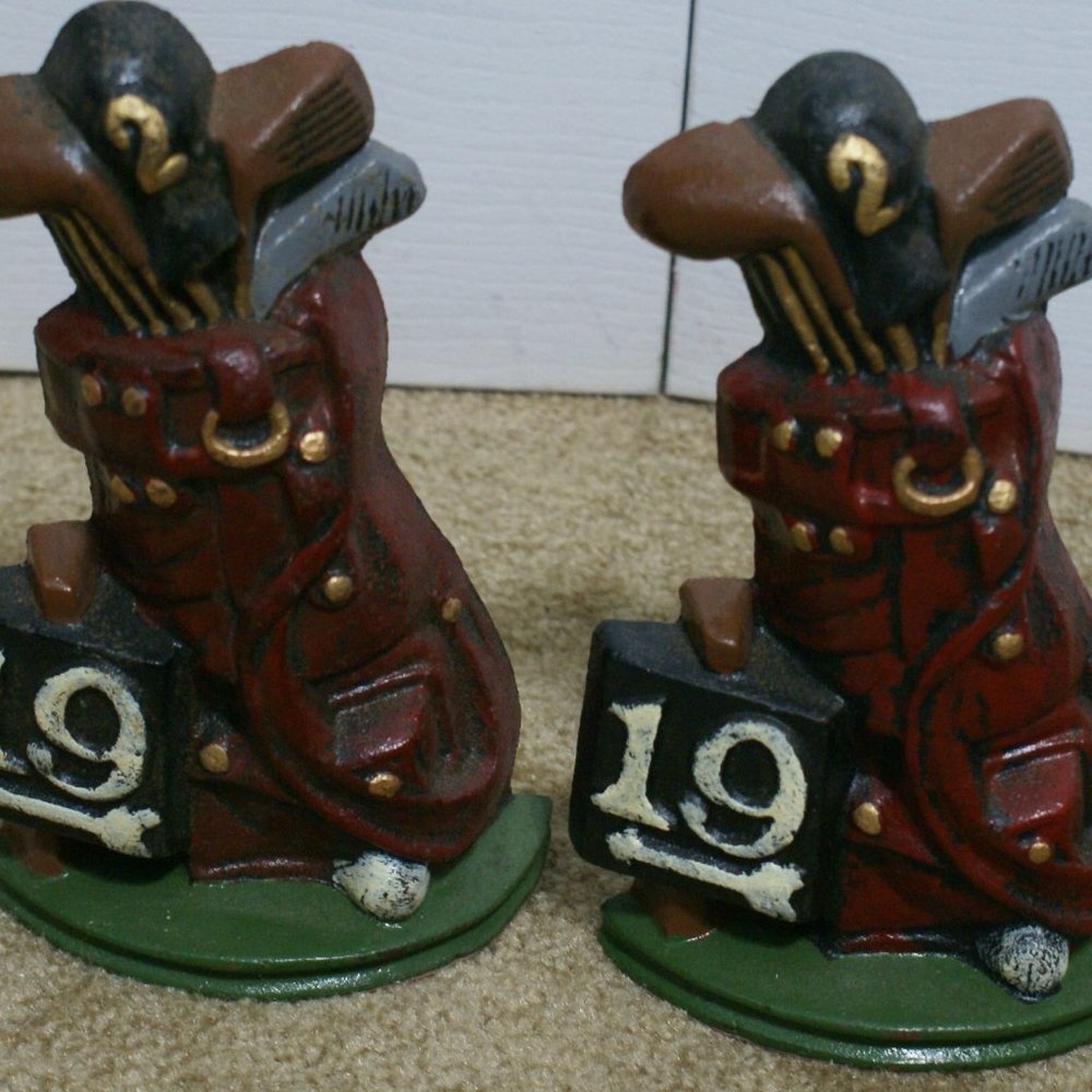 Cast Iron Golf Themed Bookends Door Stops Vintage Clubs bag 19th Hole.